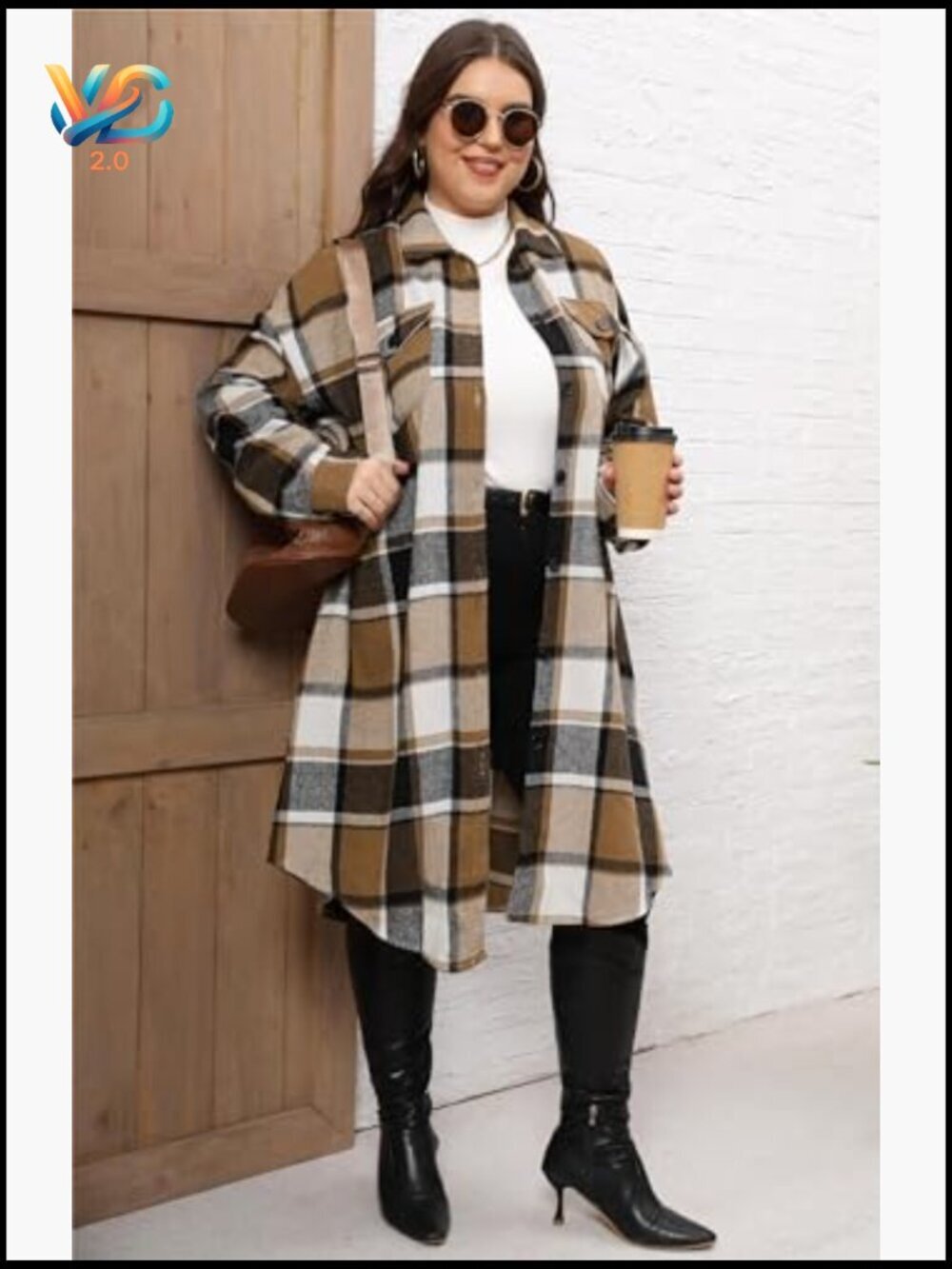 Plus Size Plaid Flannel Shacket Long Jacket Oversized Coat - Picture 5 of 7